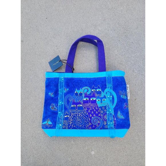 Laurel Burch Blue Cat Butterfly Canvas Handbag Tote Designer Tapestry - Picture 1 of 16